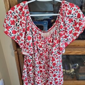 SHEIN Red and White Floral Off-shoulder Blouse